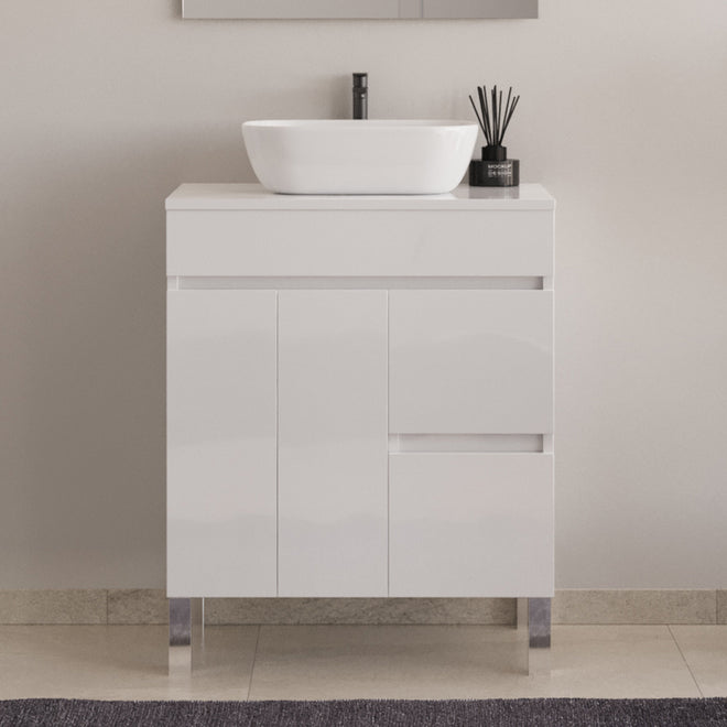 Meuble de salle de bain 80cm sur pieds avec plateau et une cuve à poser arrondie - sans miroir - portes et tiroirs - HARO