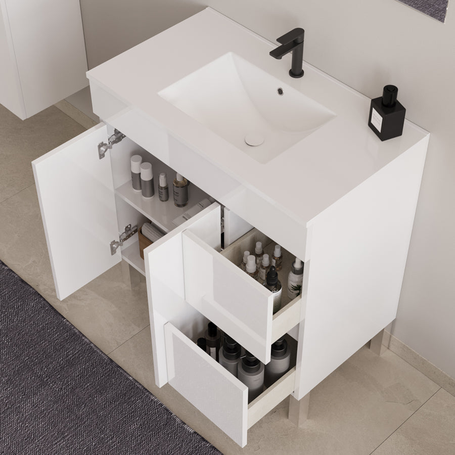 Meuble de salle de bain 70cm simple vasque sur pieds avec portes et tiroirs - HARO