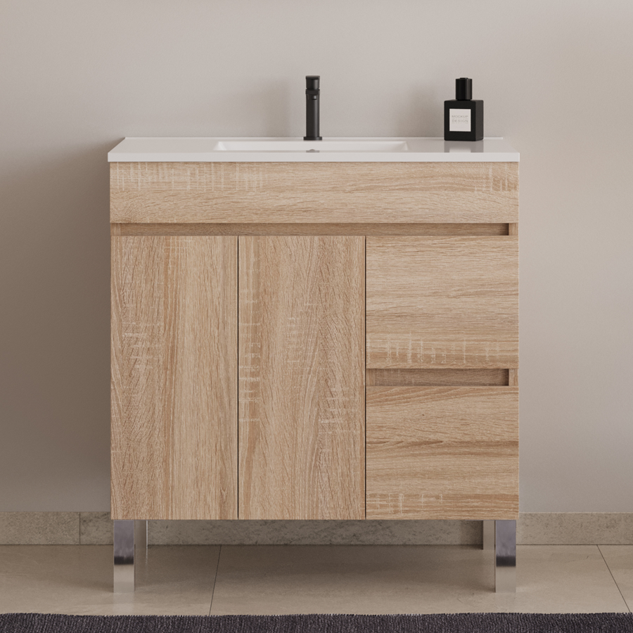 Meuble de salle de bain 70cm simple vasque sur pieds avec portes et tiroirs - HARO