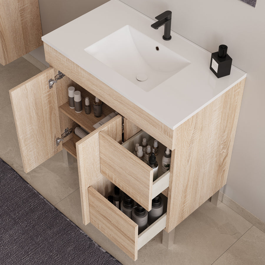 Meuble de salle de bain 70cm simple vasque sur pieds avec portes et tiroirs - HARO