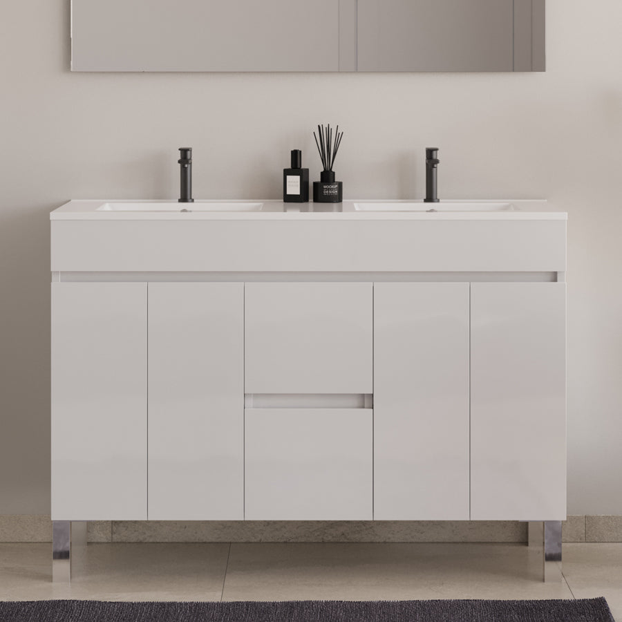 Meuble de salle de bain 120cm double vasque sur pieds avec portes et tiroirs - HARO