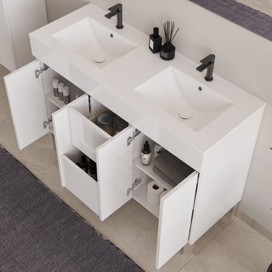 Meuble de salle de bain 120cm double vasque sur pieds avec portes et tiroirs - HARO