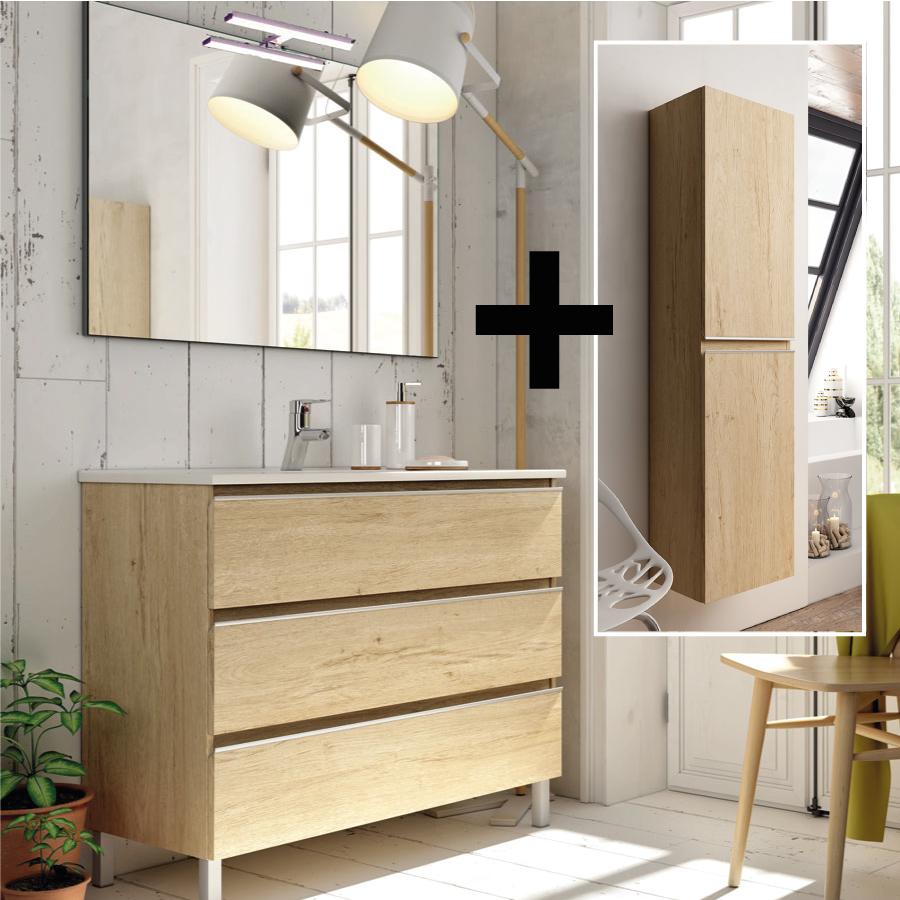 Ensemble meuble de salle de bain 100cm simple vasque + colonne de rangement PALMA
