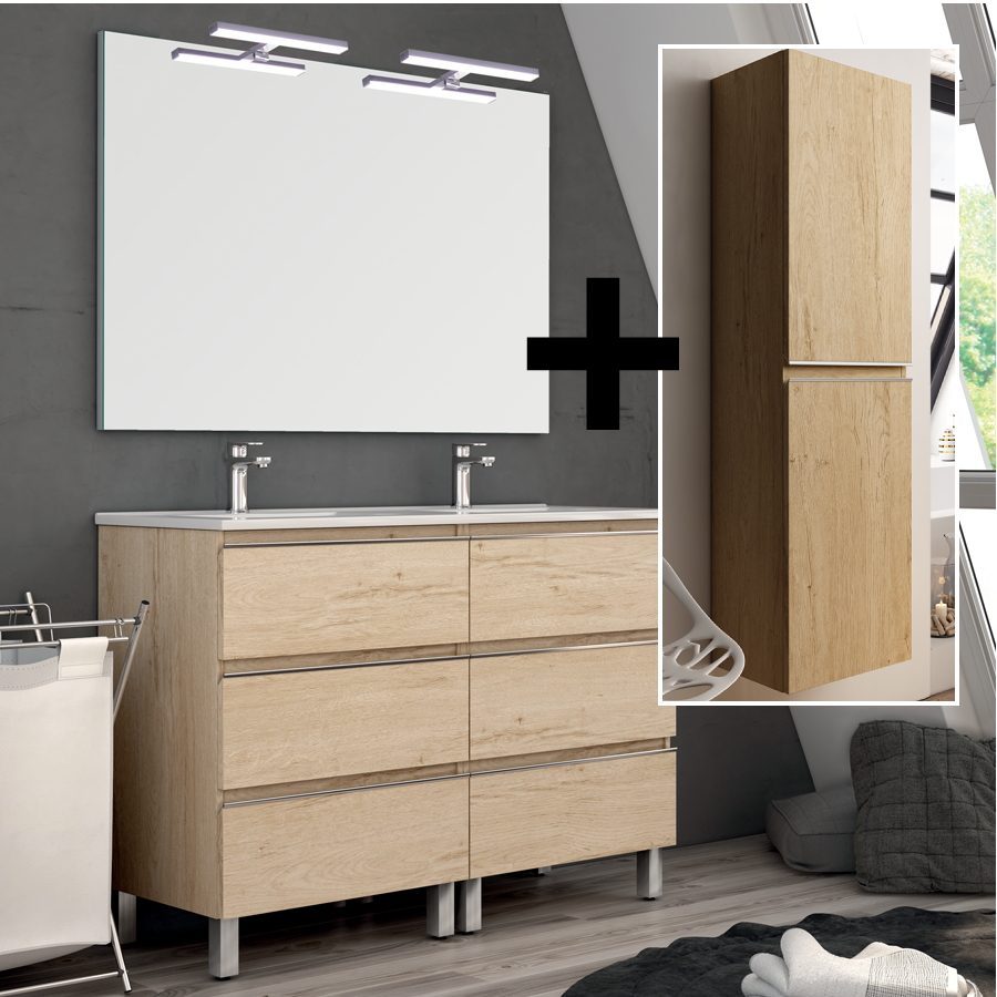 Meuble de salle de bain PALMA 6 tiroirs + colonne bambou