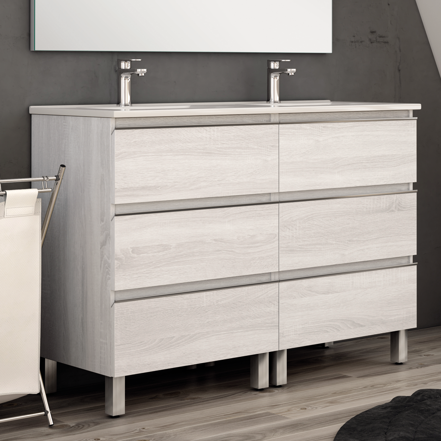 Meuble de salle de bain 120cm double vasque - 6 tiroirs - sans miroir - PALMA