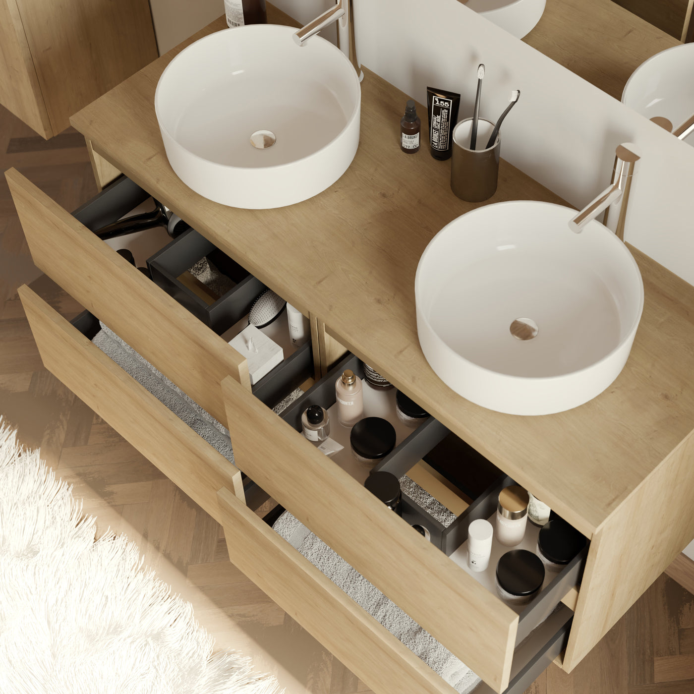 Meuble de salle de bain 140cm avec plateau et 2 vasques à poser rondes - 4 tiroirs - IDA