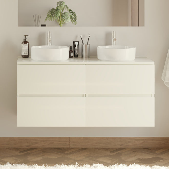 Meuble de salle de bain 120cm avec plateau et 2 vasques à poser rondes - 4 tiroirs - sans miroir - IDA