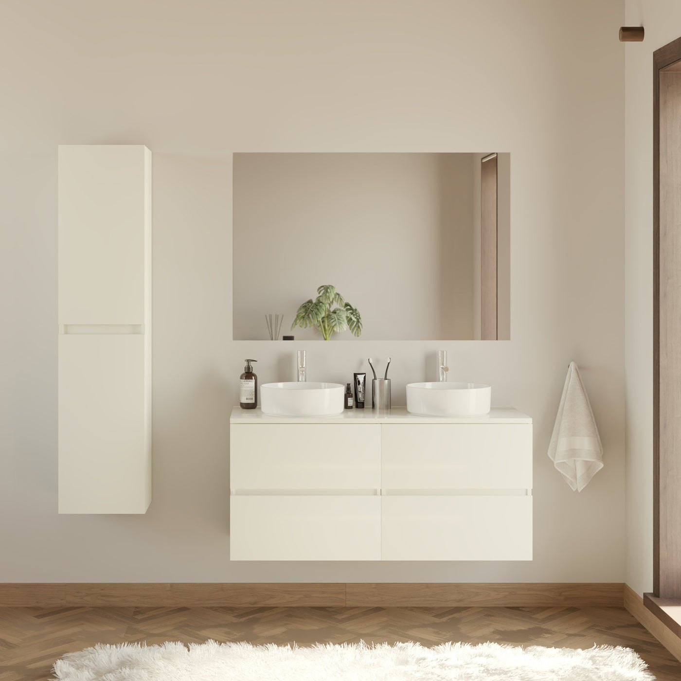 Meuble de salle de bain 140cm avec plateau et 2 vasques à poser rondes - 4 tiroirs - IDA