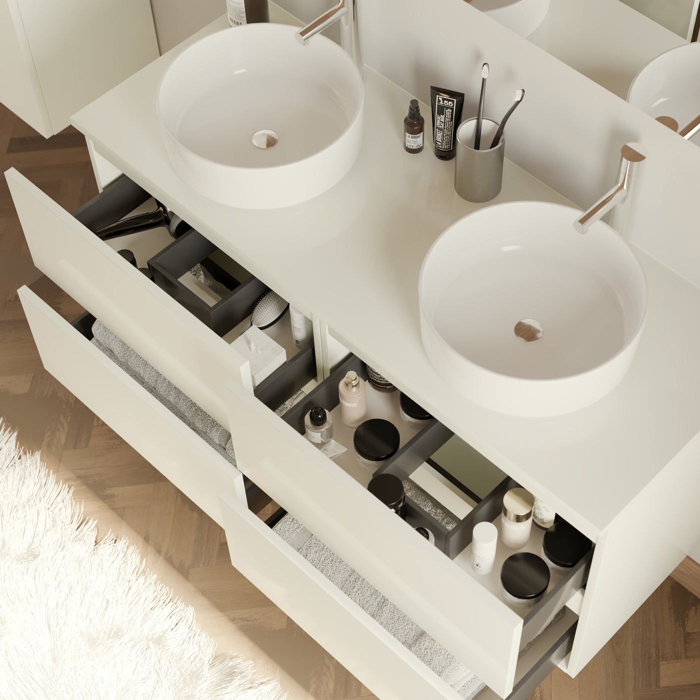 Meuble de salle de bain 140cm avec plateau et 2 vasques à poser rondes - 4 tiroirs - IDA