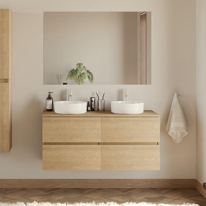 Meuble de salle de bain 140cm avec plateau et 2 vasques à poser rondes - 4 tiroirs - IDA