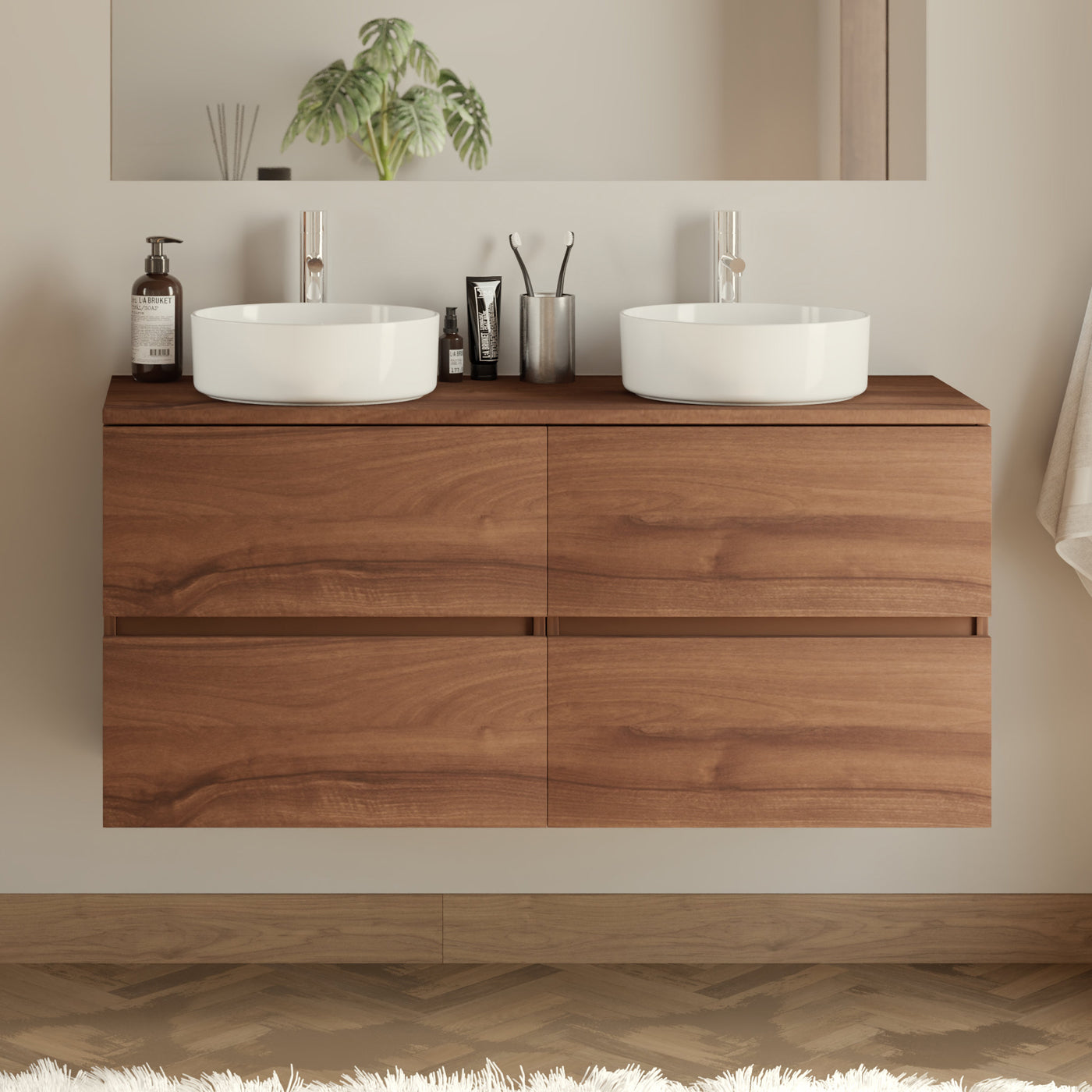 Meuble de salle de bain 140cm avec plateau et 2 vasques à poser rondes - 4 tiroirs - IDA