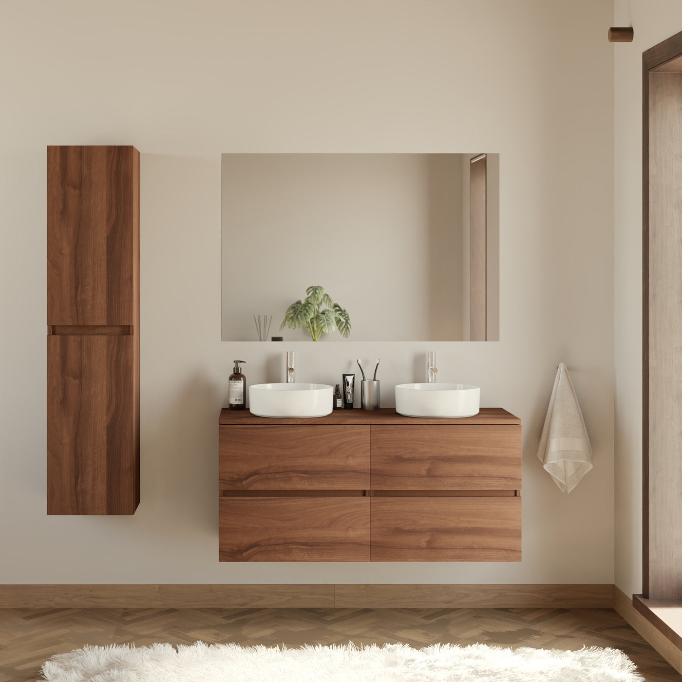 Meuble de salle de bain 140cm avec plateau et 2 vasques à poser rondes - 4 tiroirs - IDA