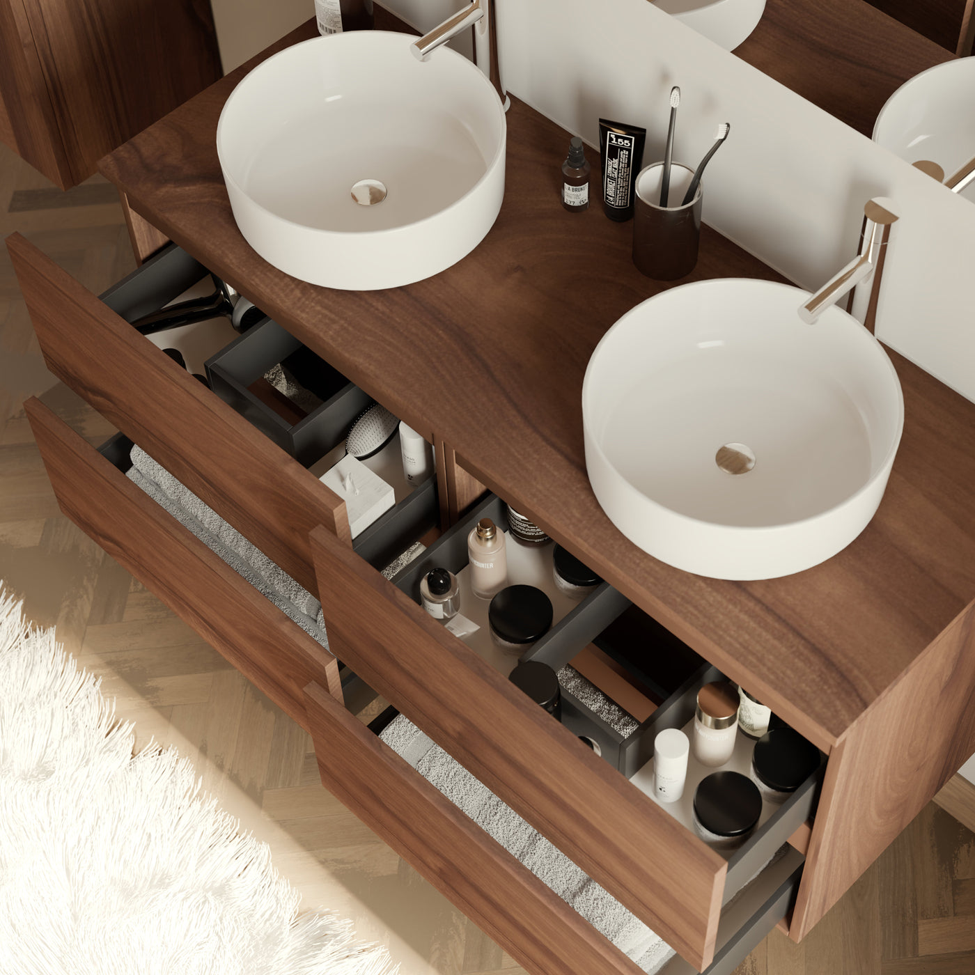 Meuble de salle de bain 140cm avec plateau et 2 vasques à poser rondes - 4 tiroirs - IDA