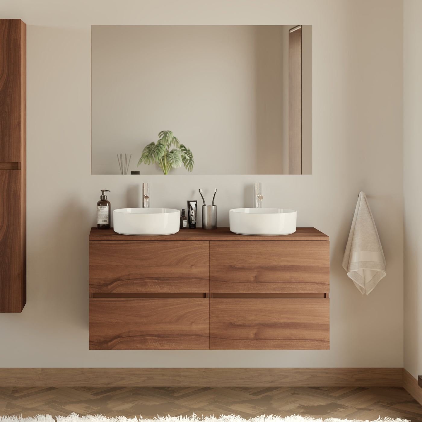 Meuble de salle de bain 140cm avec plateau et 2 vasques à poser rondes - 4 tiroirs - IDA