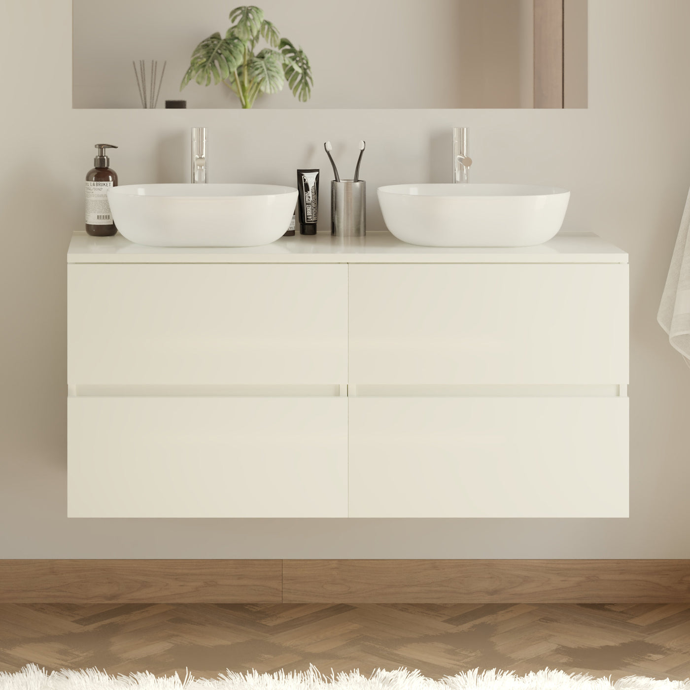 Meuble de salle de bain 120cm avec plateau et 2 vasques à poser arrondies - 4 tiroirs - IDA