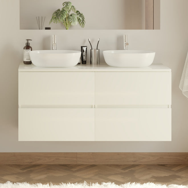 Meuble de salle de bain 140cm avec plateau et 2 vasques à poser arrondies - 4 tiroirs - sans miroir - IDA