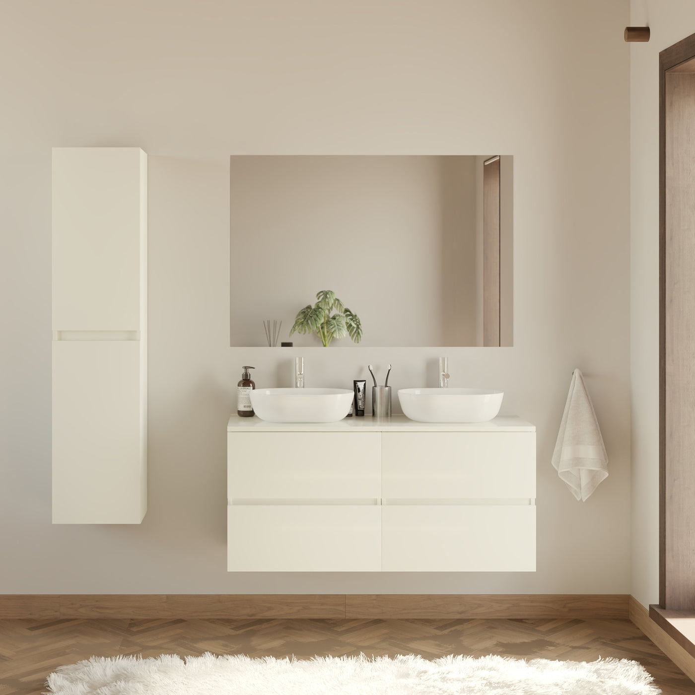 Meuble de salle de bain 120cm avec plateau et 2 vasques à poser arrondies - 4 tiroirs - IDA