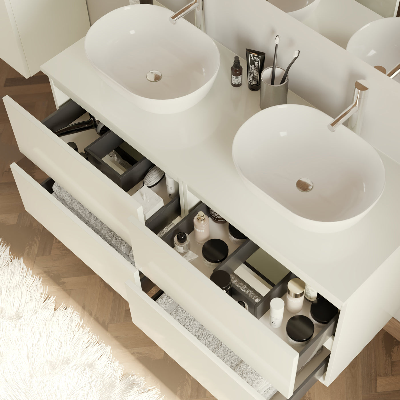 Meuble de salle de bain 120cm avec plateau et 2 vasques à poser arrondies - 4 tiroirs - IDA