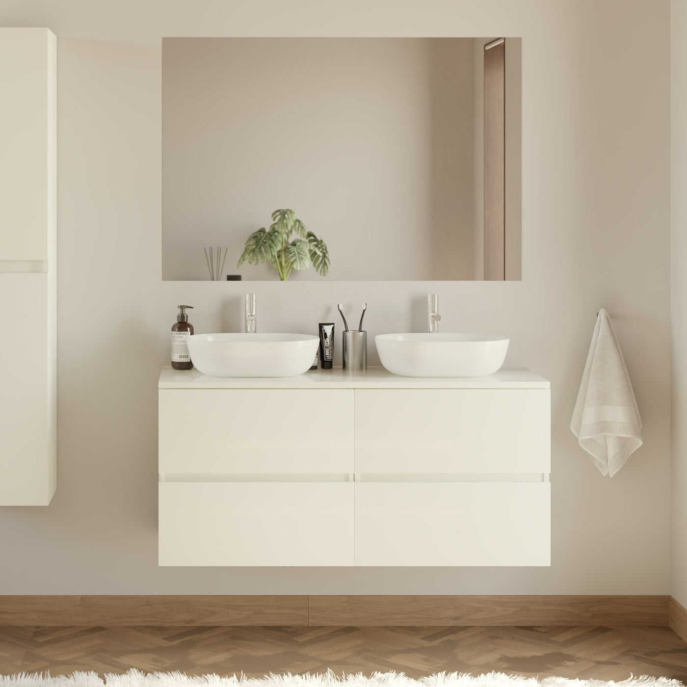 Meuble de salle de bain 120cm avec plateau et 2 vasques à poser arrondies - 4 tiroirs - IDA