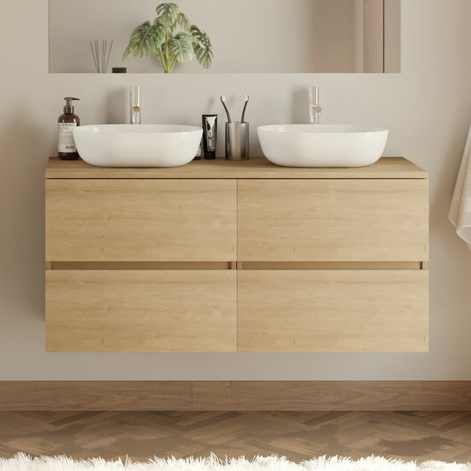 Meuble de salle de bain 120cm avec plateau et 2 vasques à poser arrondies - 4 tiroirs - sans miroir - IDA