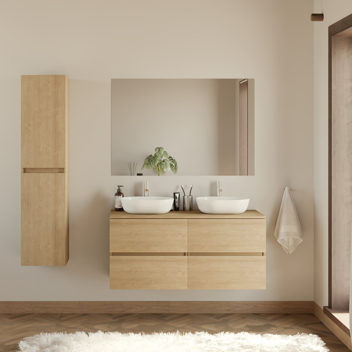 Meuble de salle de bain 120cm avec plateau et 2 vasques à poser arrondies - 4 tiroirs - IDA