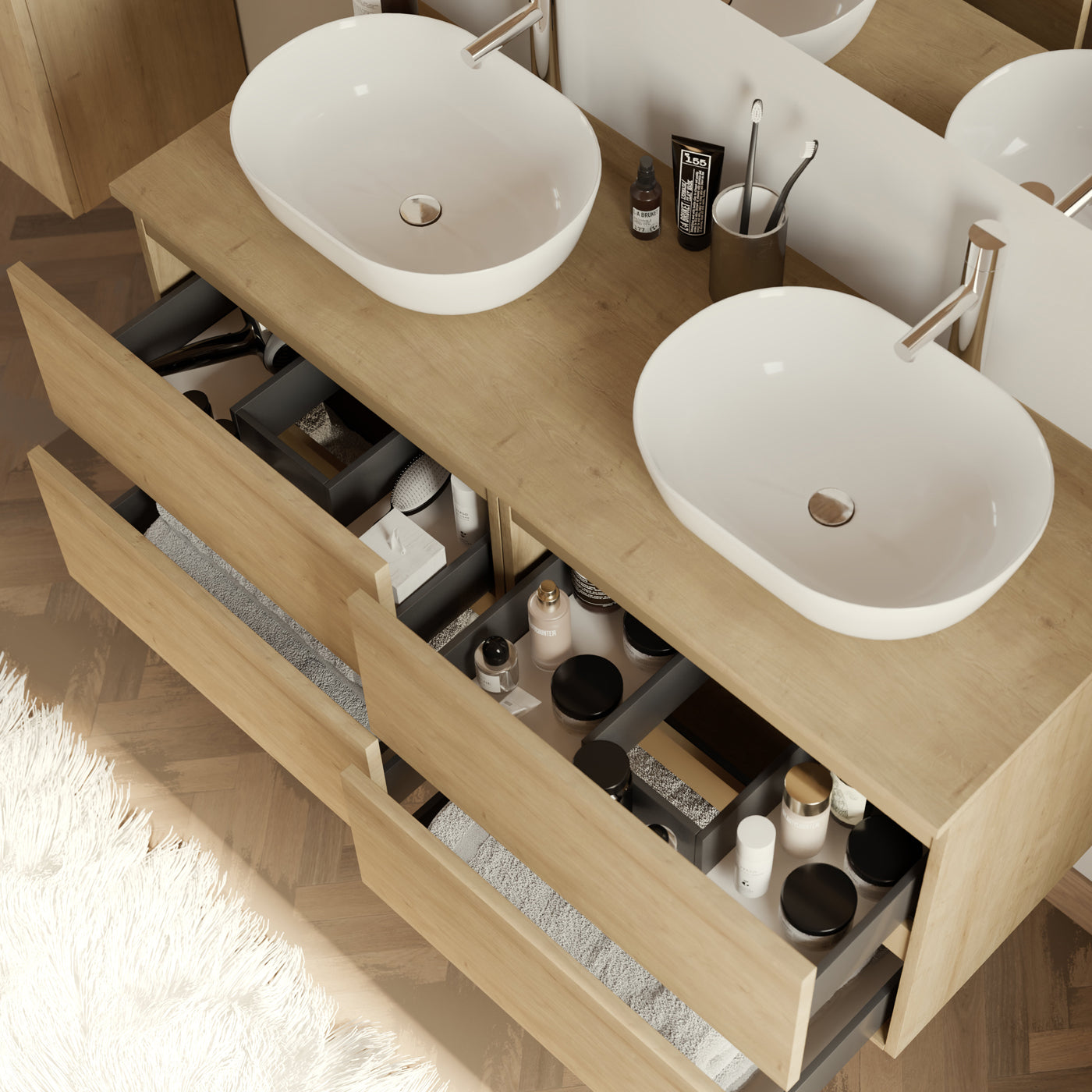 Meuble de salle de bain 120cm avec plateau et 2 vasques à poser arrondies - 4 tiroirs - IDA