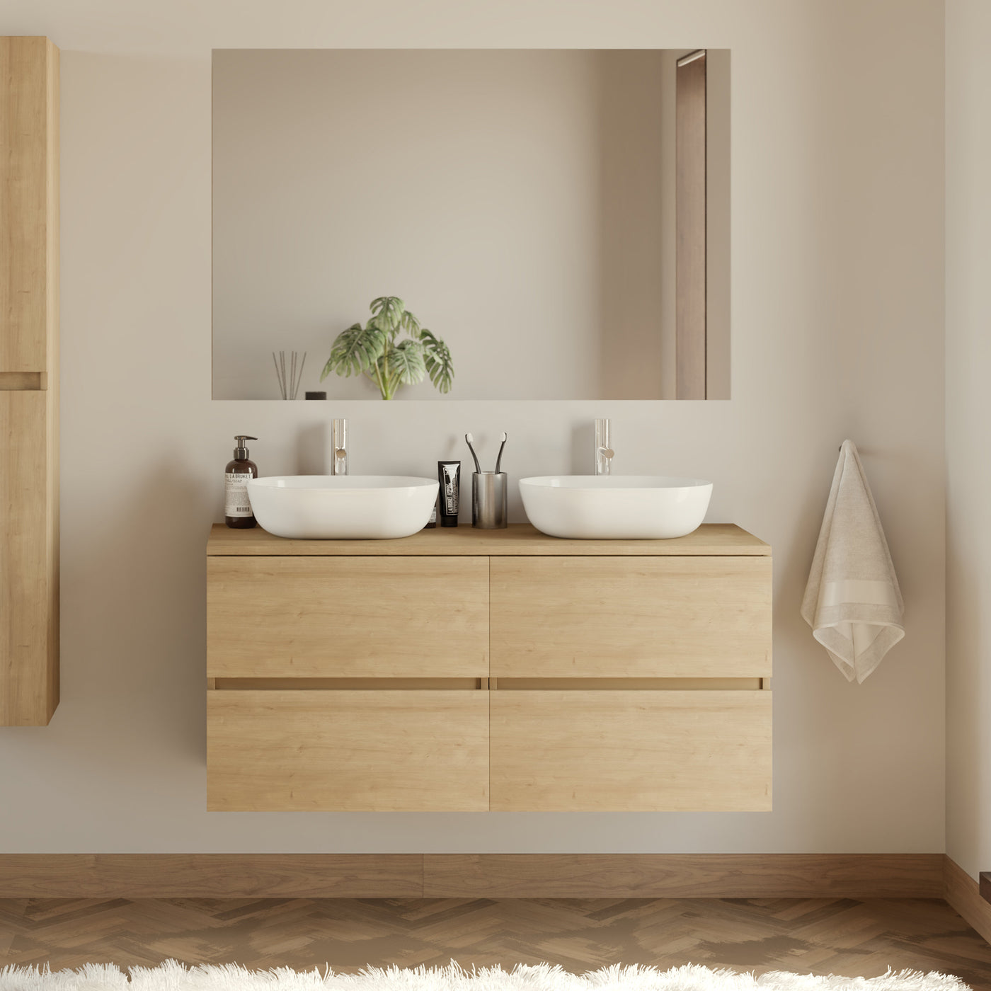 Meuble de salle de bain 120cm avec plateau et 2 vasques à poser arrondies - 4 tiroirs - IDA