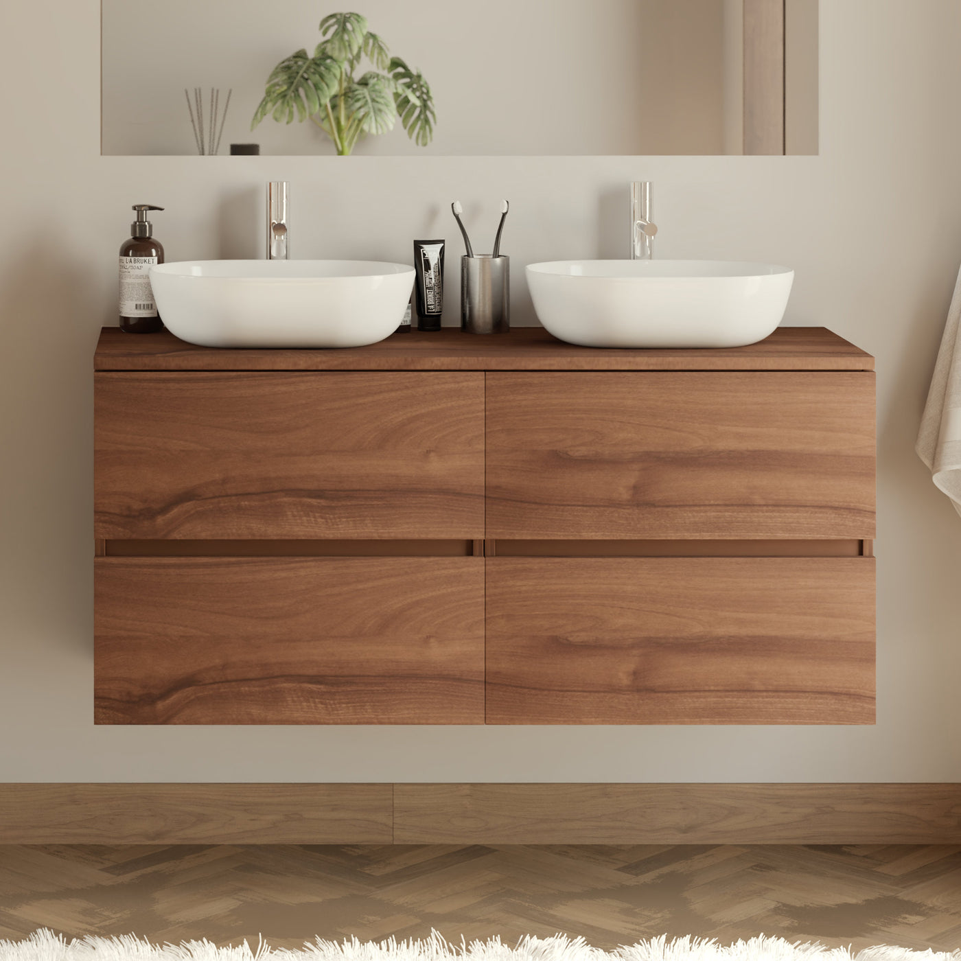 Meuble de salle de bain 120cm avec plateau et 2 vasques à poser arrondies - 4 tiroirs - IDA