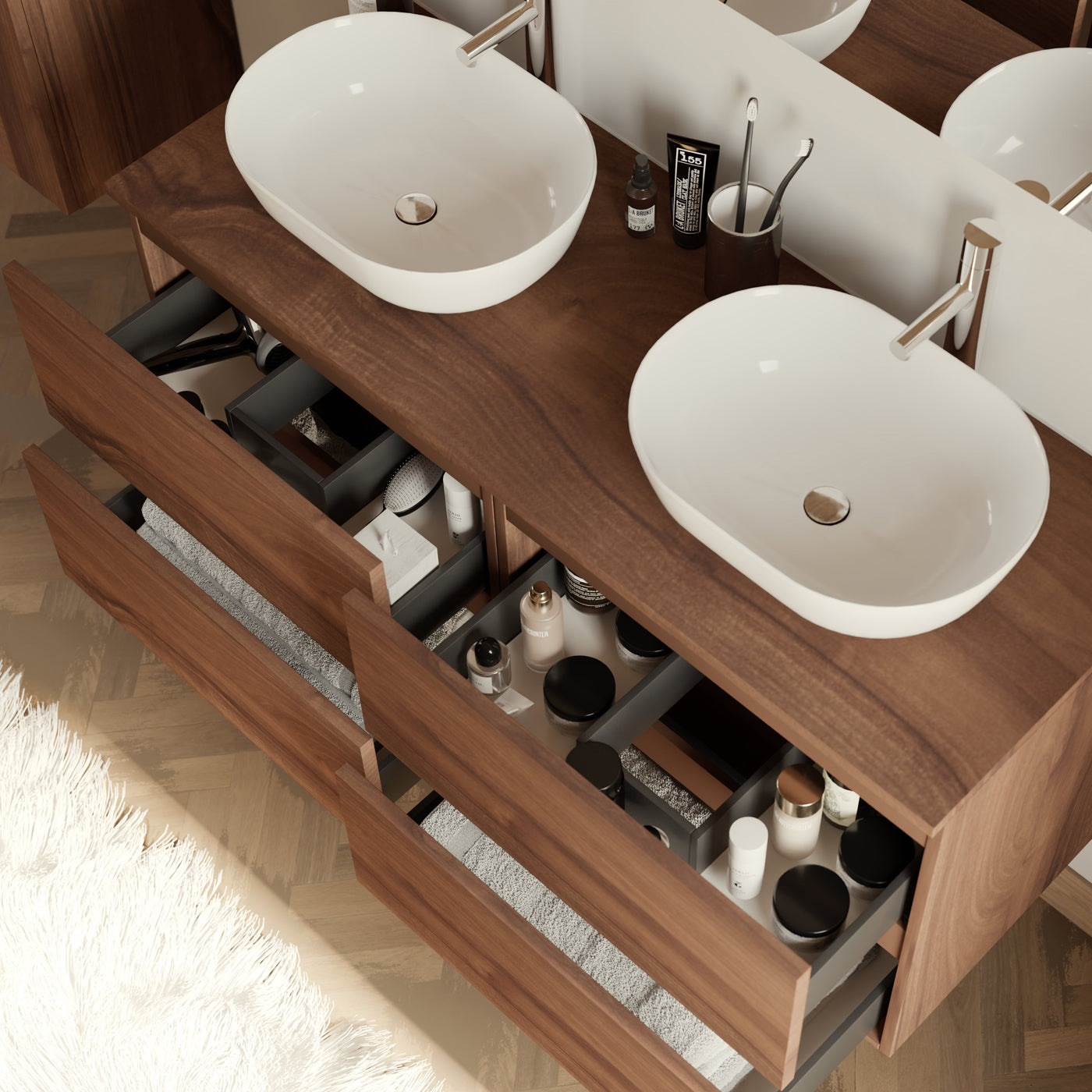 Meuble de salle de bain 120cm avec plateau et 2 vasques à poser arrondies - 4 tiroirs - IDA