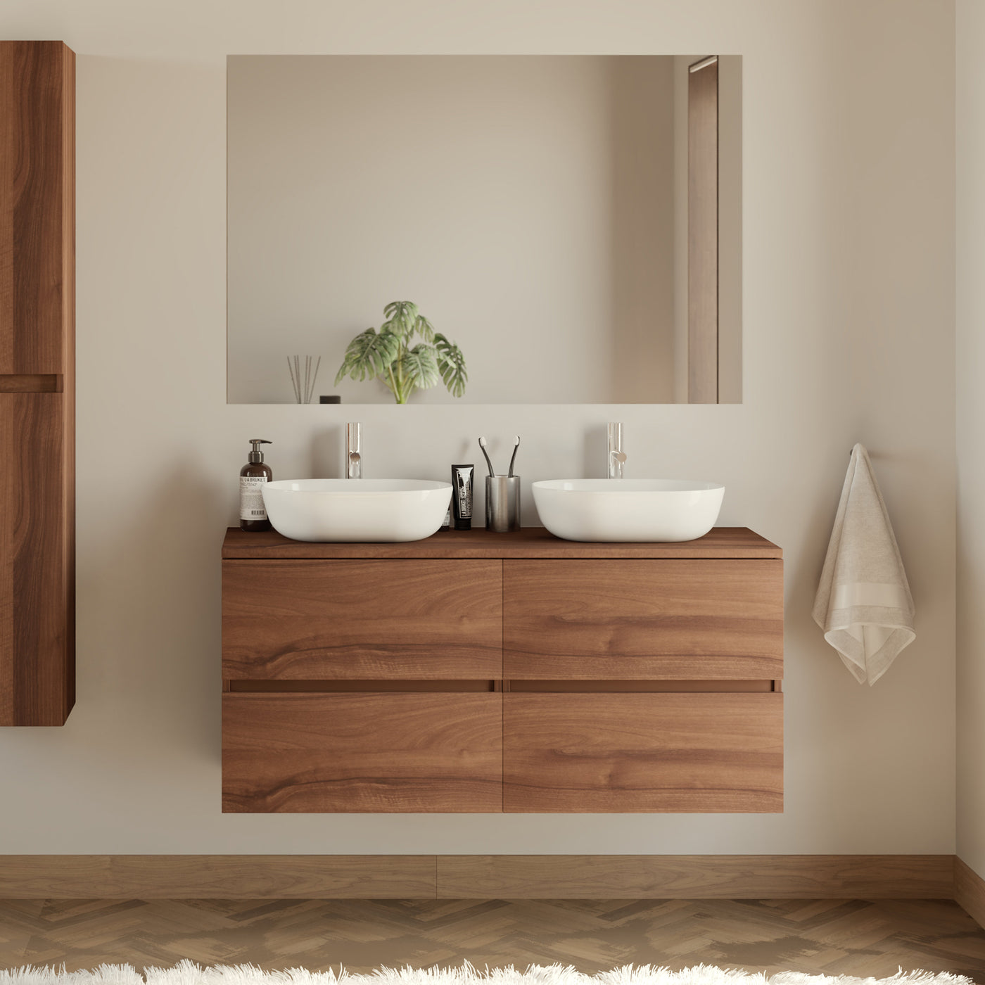 Meuble de salle de bain 120cm avec plateau et 2 vasques à poser arrondies - 4 tiroirs - IDA