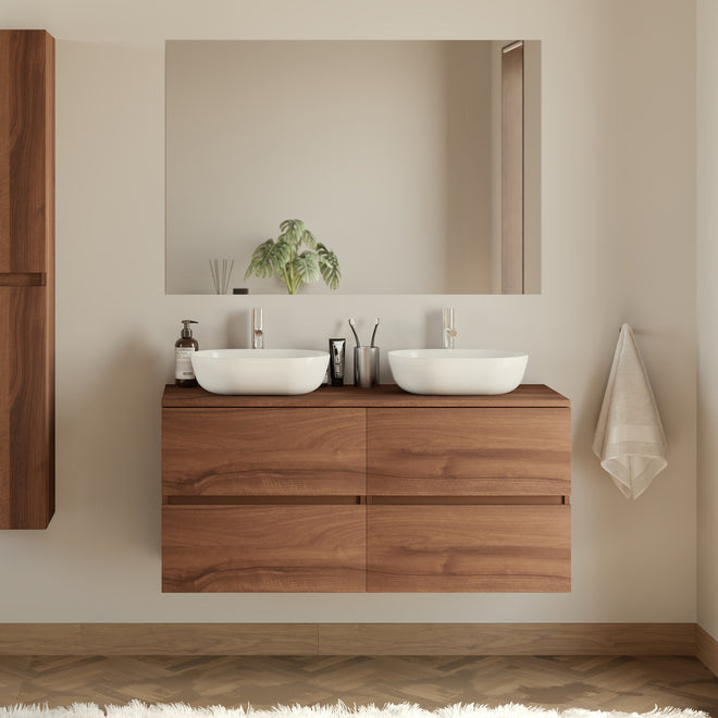 Meuble de salle de bain 140cm avec plateau et 2 vasques à poser arrondies - 4 tiroirs - IDA