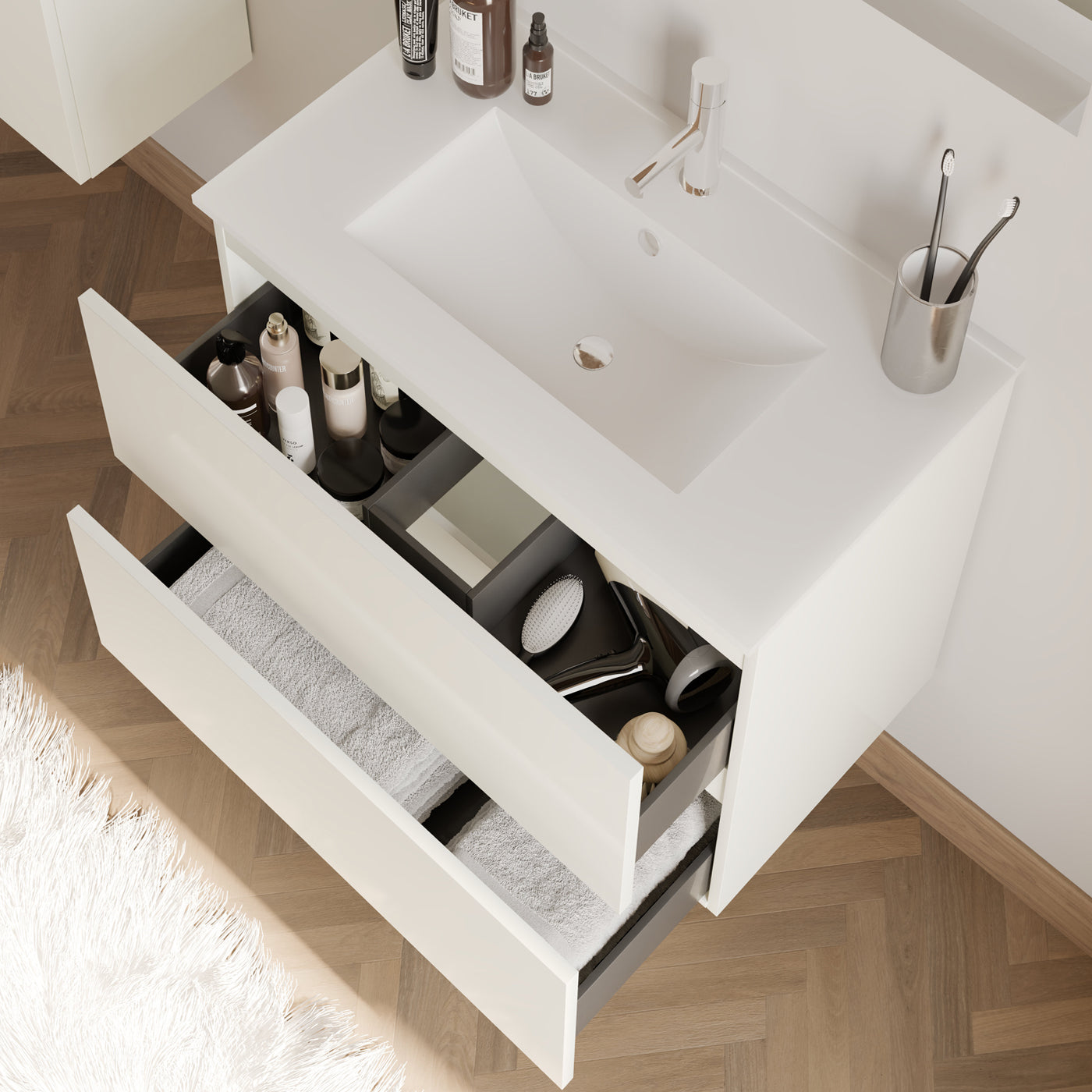 Meuble de salle de bain 60cm simple vasque - 2 tiroirs - IDA
