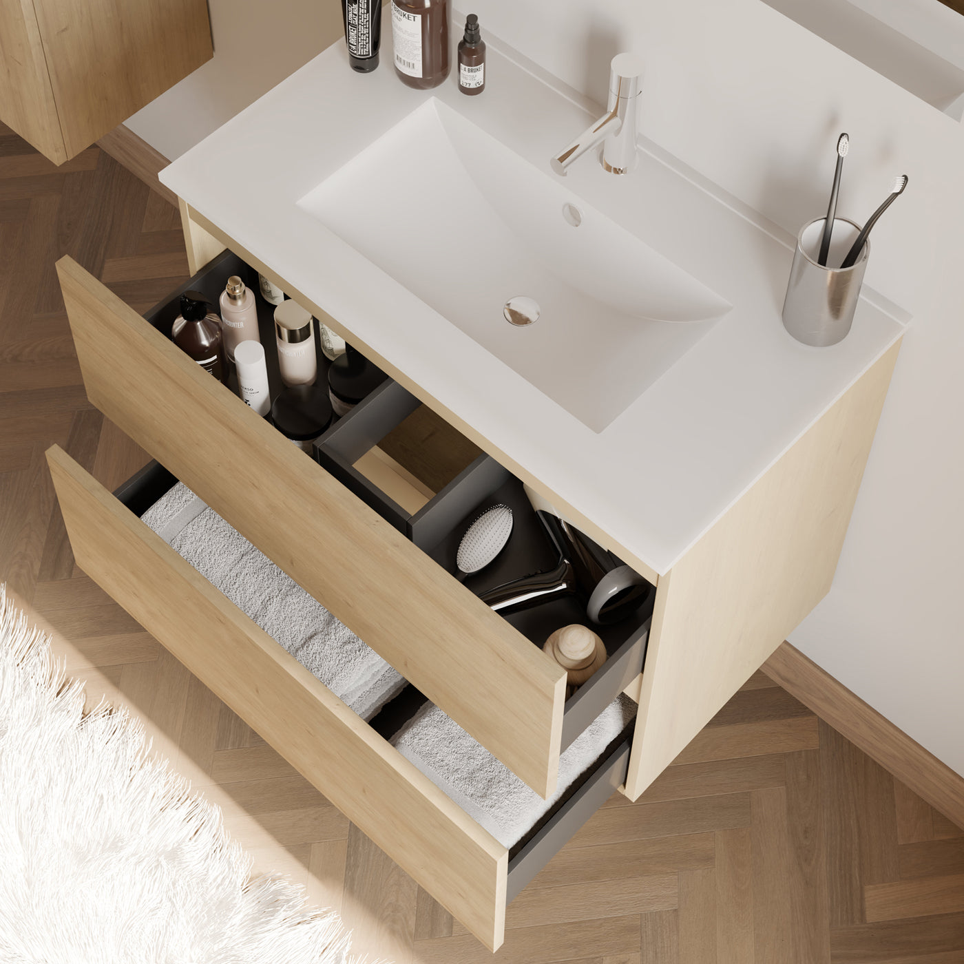 Meuble de salle de bain 60cm simple vasque - 2 tiroirs - IDA