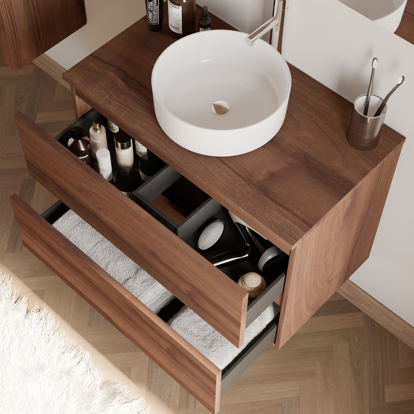 Meuble de salle de bain IDA 70 80 cm nogal vasque ares vue de dessus