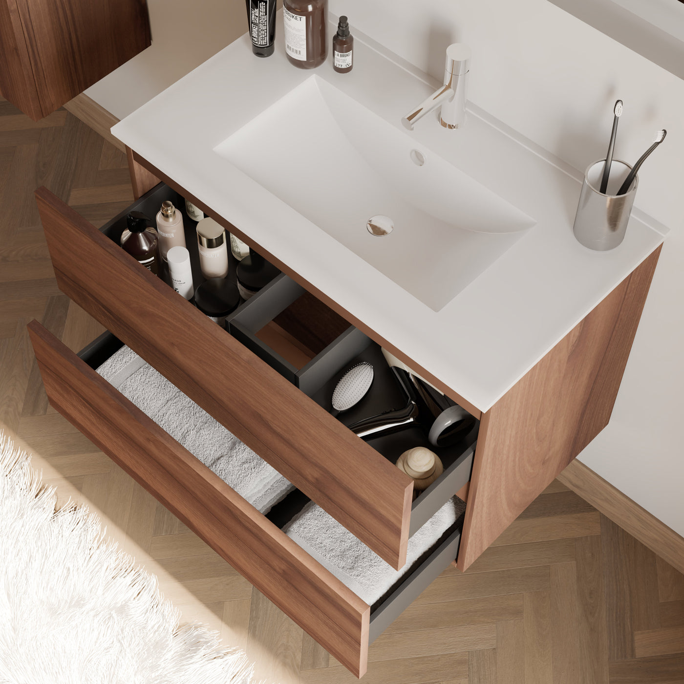 Meuble de salle de bain IDA 70 80 cm nogal plan vasque vue de dessus