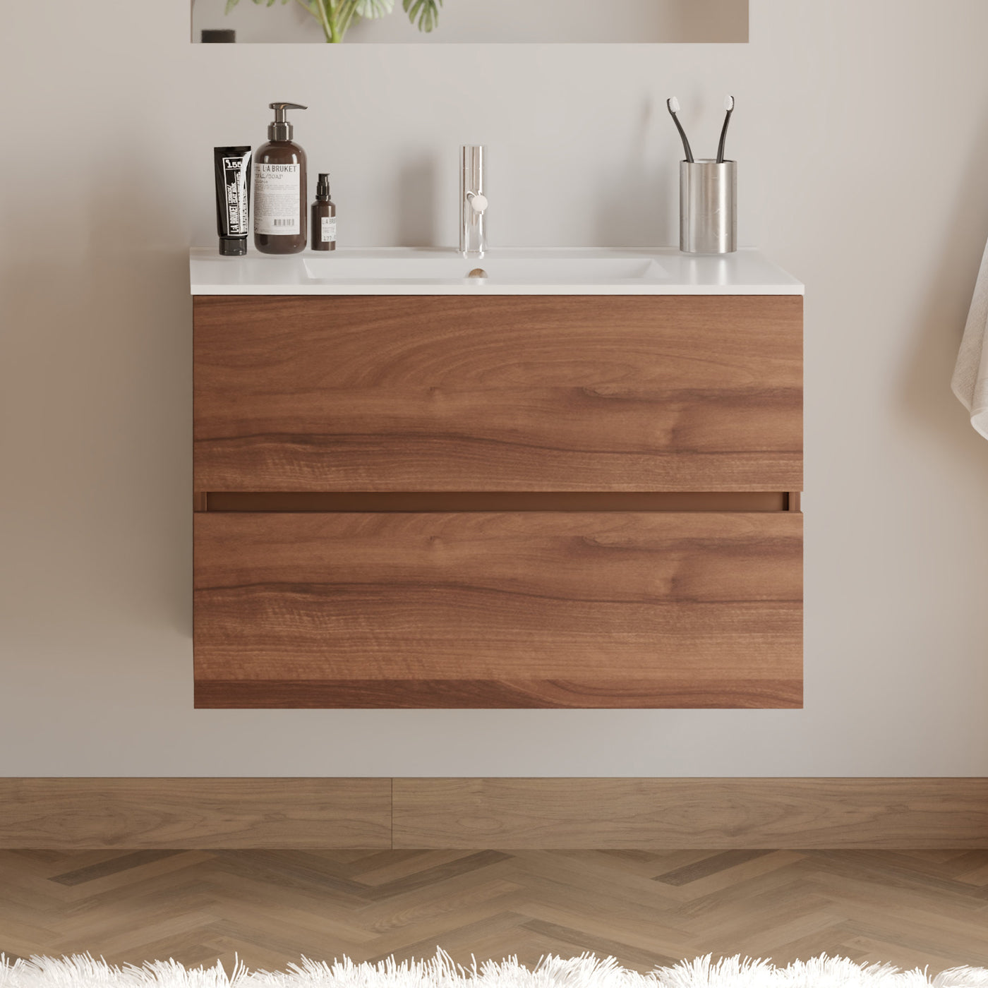 Meuble de salle de bain IDA 70 80 cm plan vasque nogal sans miroir