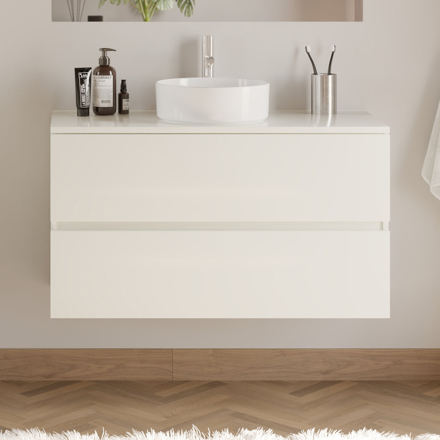 Meuble de salle de bain 100cm avec plateau et vasque à poser ronde - 2 tiroirs - IDA