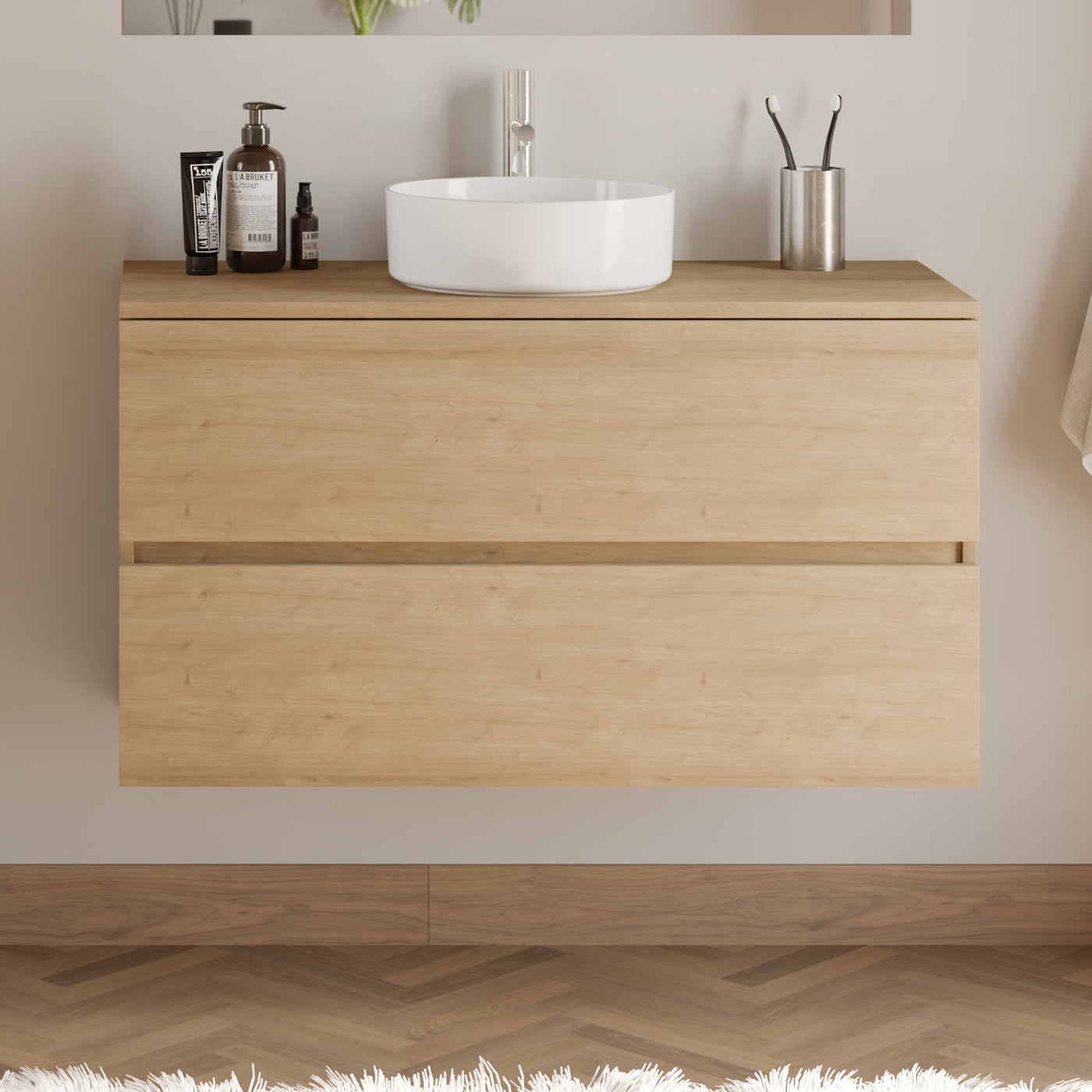 Meuble de salle de bain 100cm avec plateau et vasque à poser ronde - 2 tiroirs - IDA