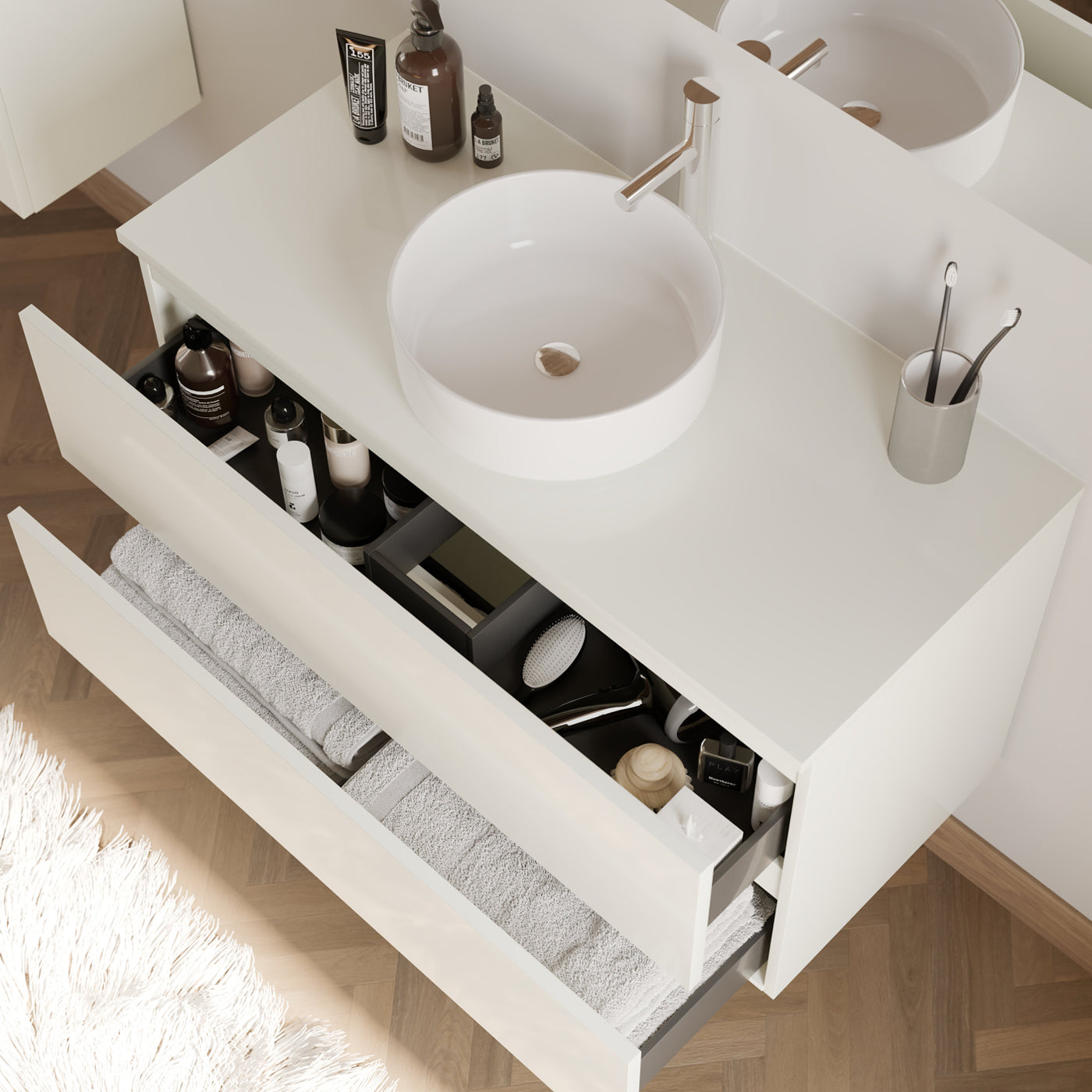 Meuble de salle de bain 100cm avec plateau et vasque à poser ronde - 2 tiroirs - IDA