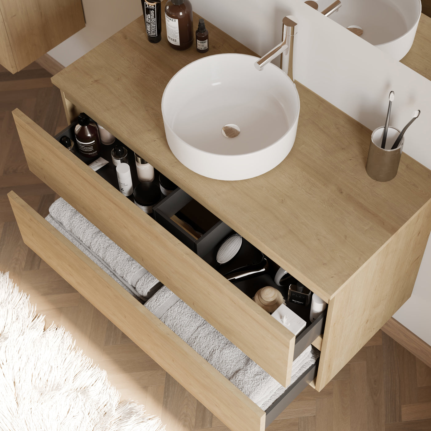 Meuble de salle de bain 100cm avec plateau et vasque à poser ronde - 2 tiroirs - IDA