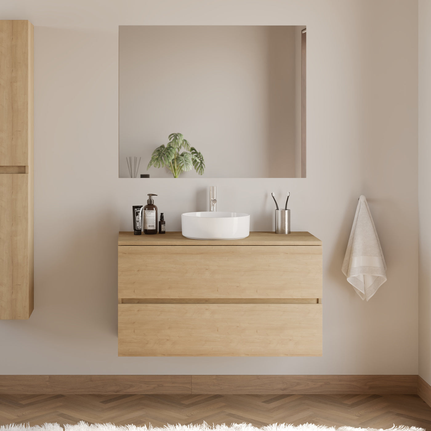 Meuble de salle de bain 100cm avec plateau et vasque à poser ronde - 2 tiroirs - IDA