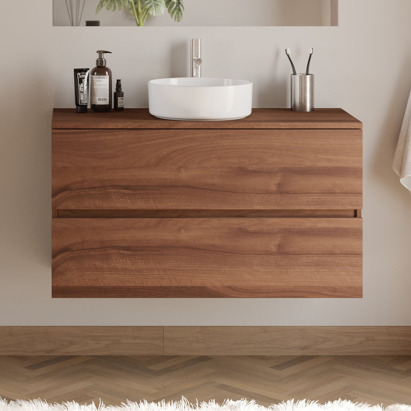 Meuble de salle de bain 100cm avec plateau et vasque à poser ronde - 2 tiroirs - IDA