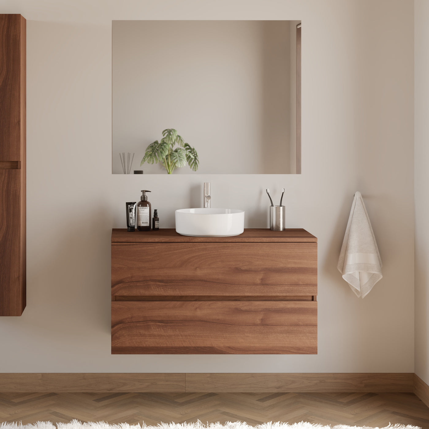 Meuble de salle de bain 100cm avec plateau et vasque à poser ronde - 2 tiroirs - IDA