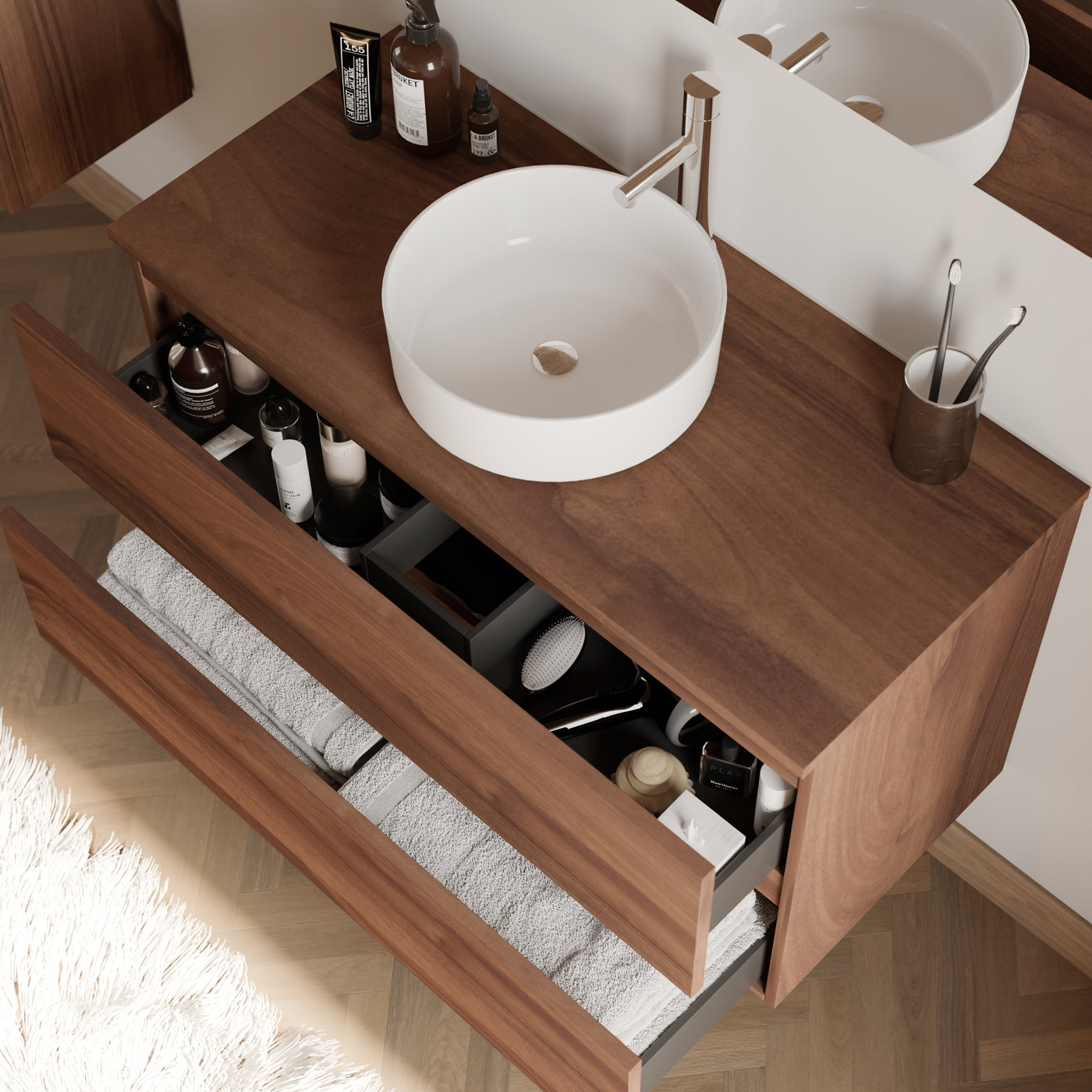 Meuble de salle de bain 100cm avec plateau et vasque à poser ronde - 2 tiroirs - IDA