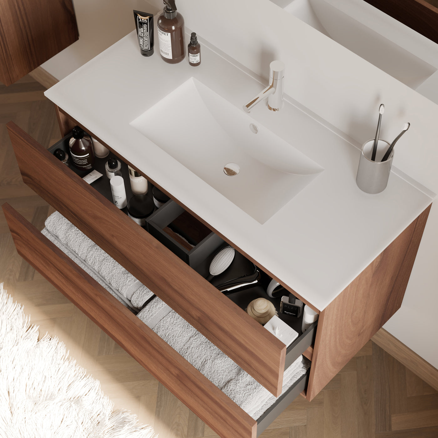 Meuble de salle de bain 90cm simple vasque - 2 tiroirs - IDA