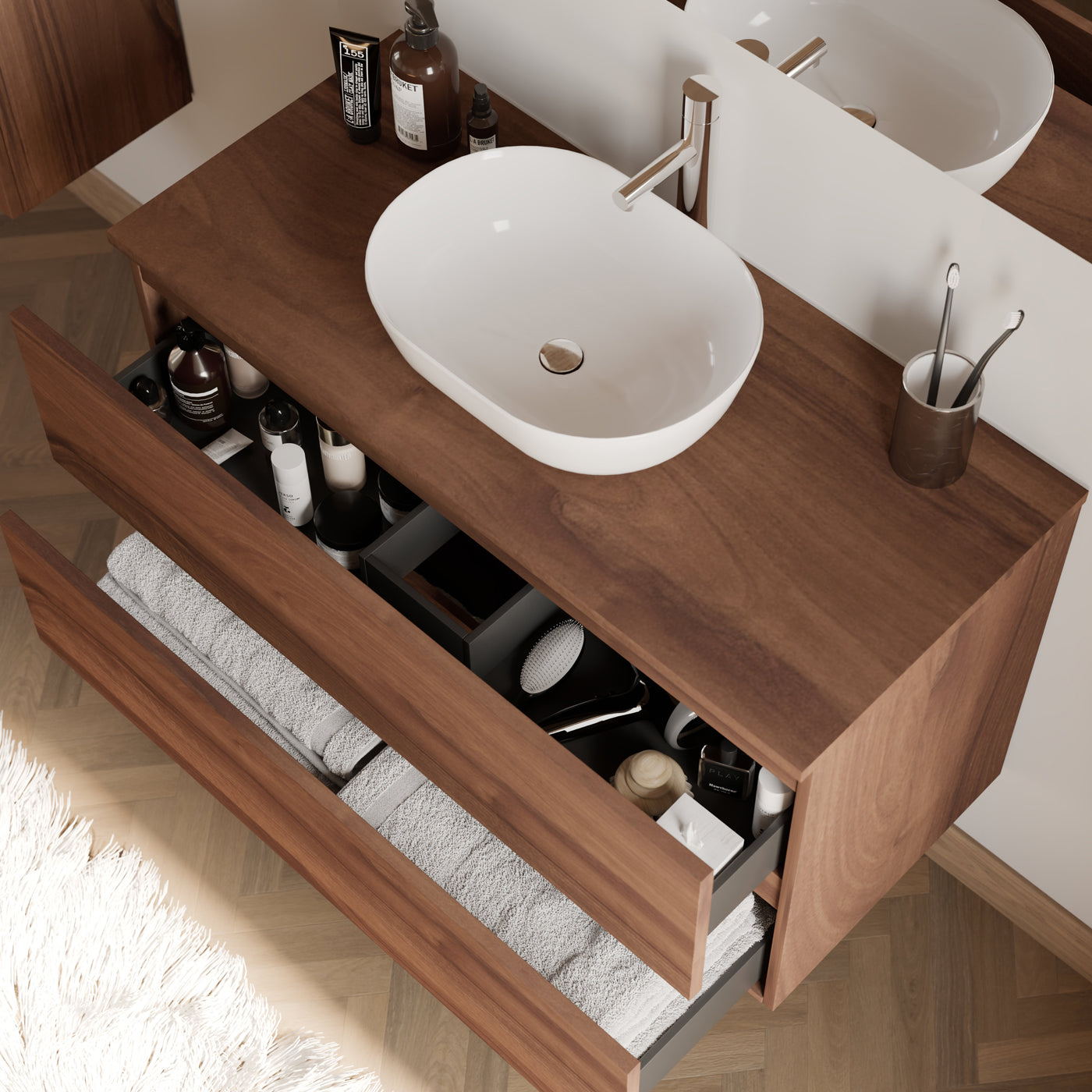 Meuble de salle de bain 100cm avec plateau et vasque à poser arrondie - 2 tiroirs - IDA