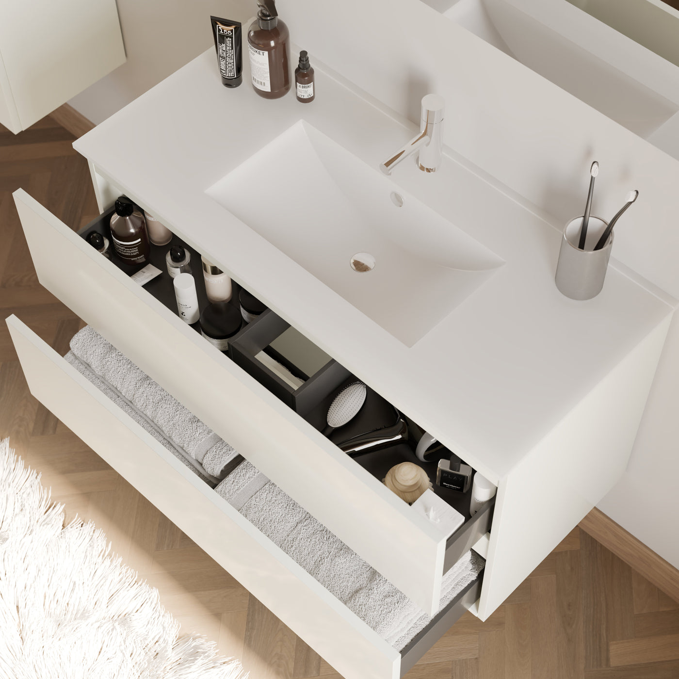 Meuble de salle de bain 90cm simple vasque - 2 tiroirs - IDA