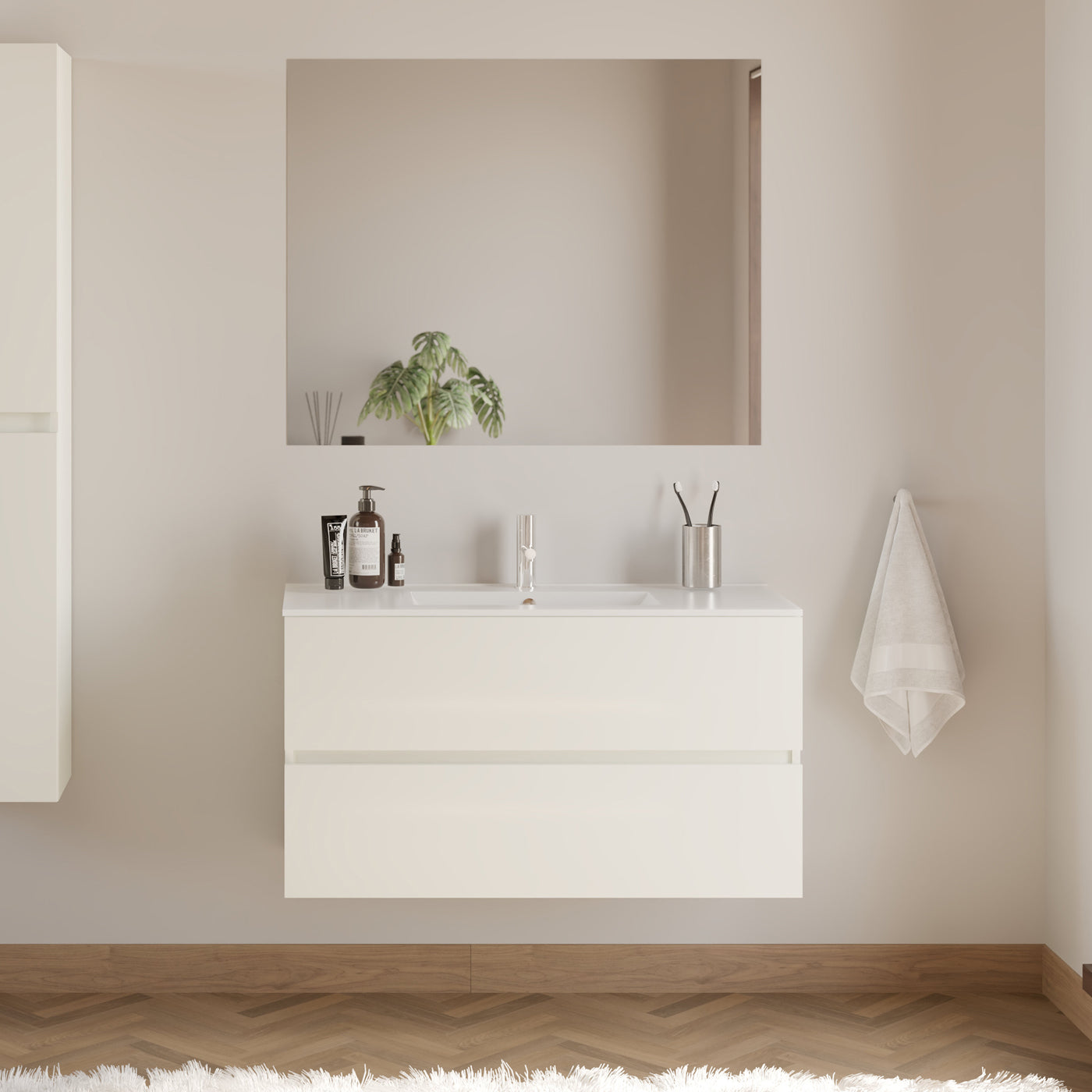 Meuble de salle de bain 90cm simple vasque - 2 tiroirs - IDA