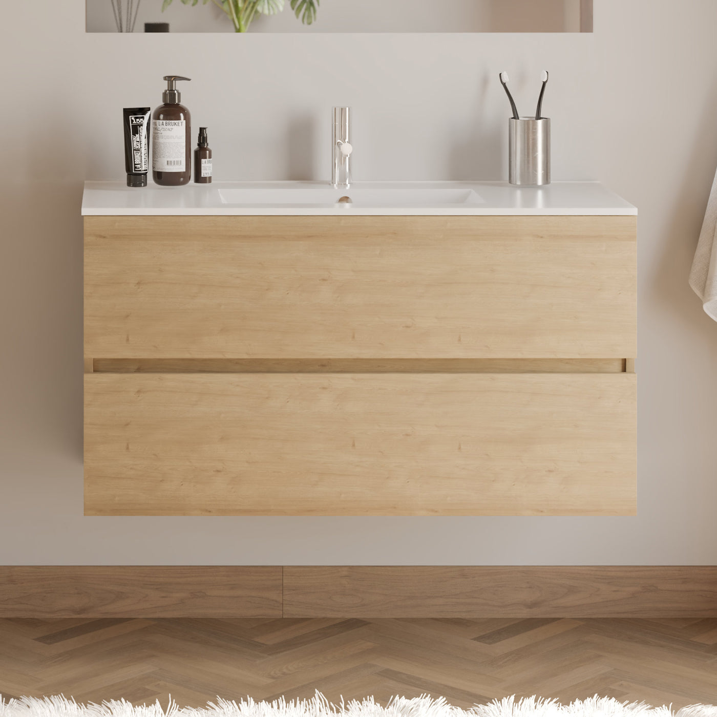 Meuble de salle de bain 90cm simple vasque - 2 tiroirs - IDA