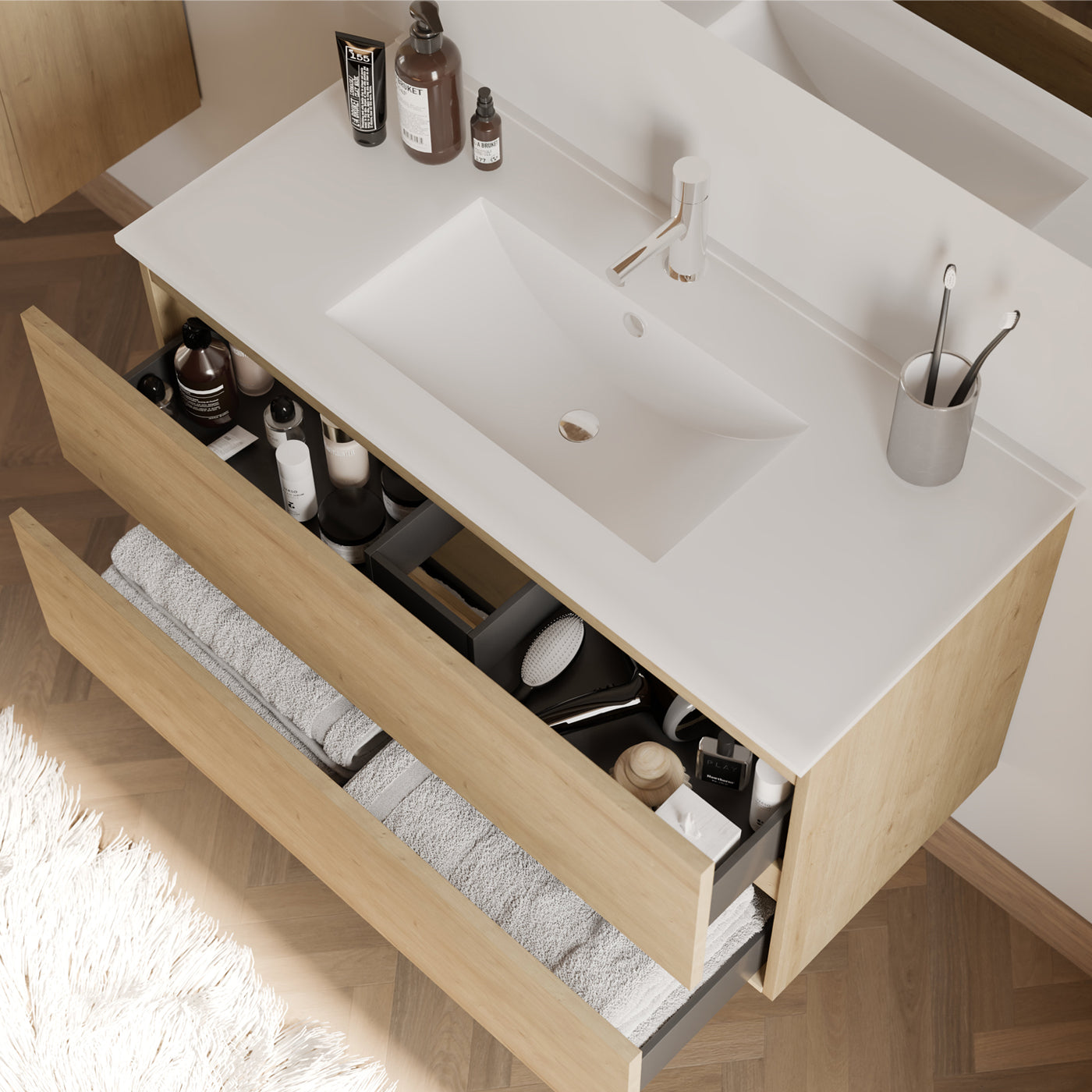 Meuble de salle de bain 90cm simple vasque - 2 tiroirs - IDA